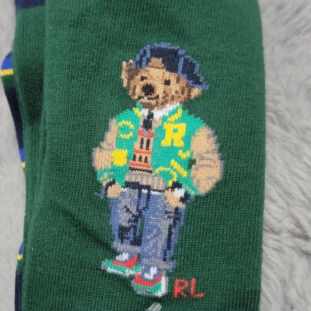 Polo Ralph Lauren Socks Mens 10-13 Green Navy Stripe Varsity Bear Crew 2 Pack